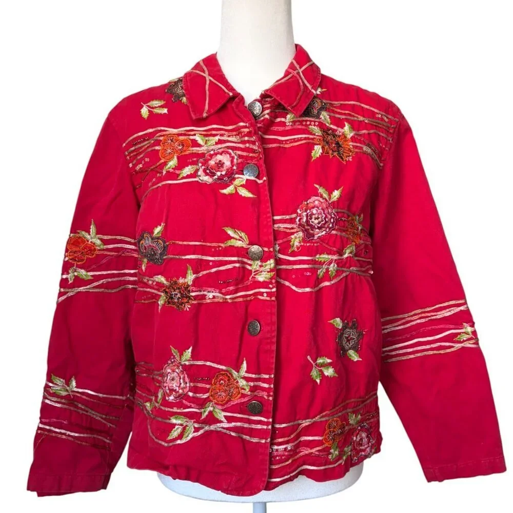 Coldwater Creek Red Floral Embellished Embroidered Denim Jacket